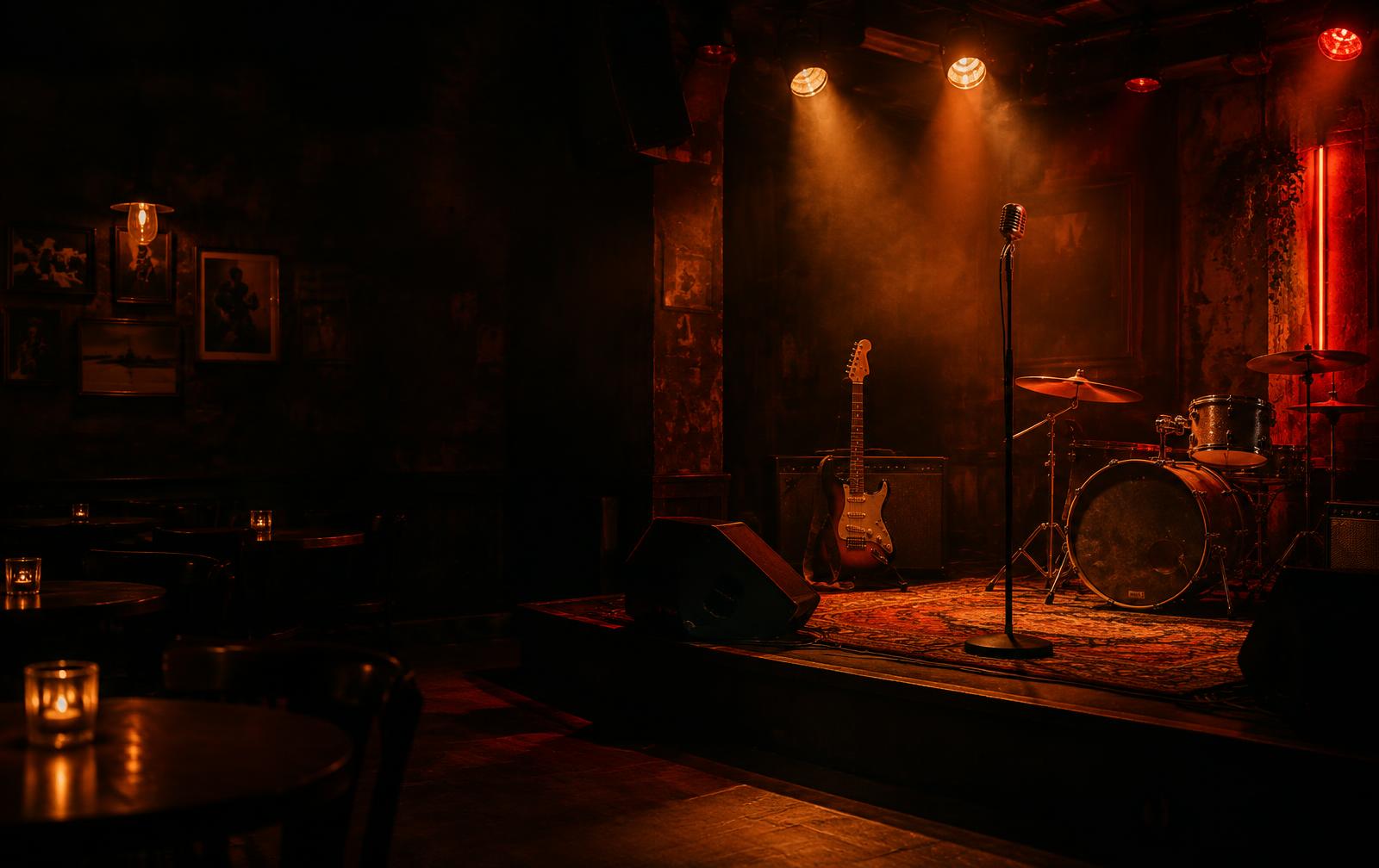 Palco intimista do Concha Bar iluminado em âmbar