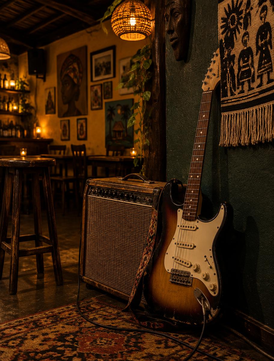 Guitarra e amplificador no ambiente do bar